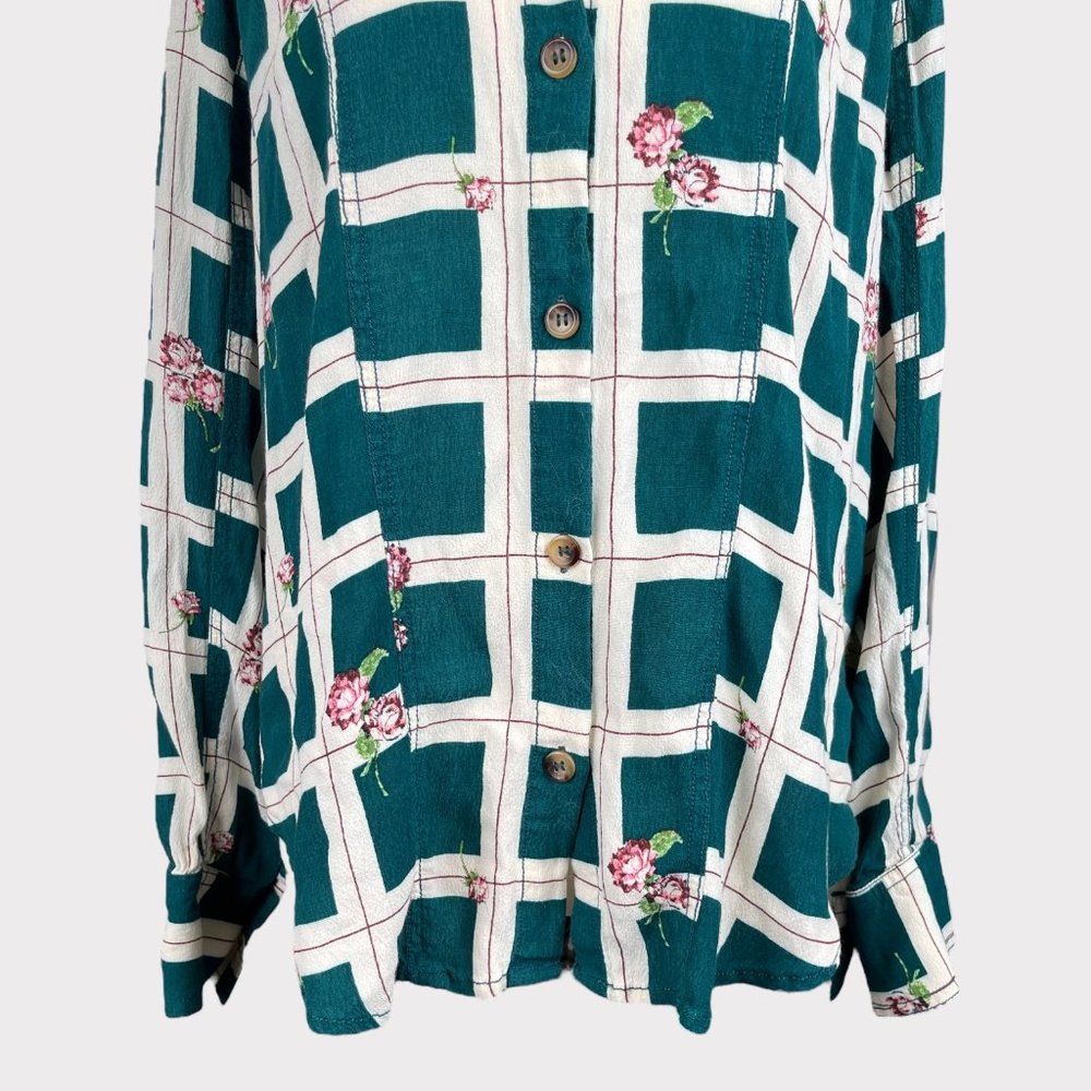 Free People Women's Window To My Heart Button Down Green Blouse Top Shirt Size M - Picture 5 of 16